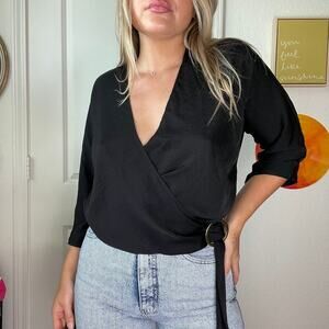Y2K Express Black Satin Wrap Top W Buckle Detail Sz XS